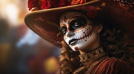 Day of the dead in Mexico. Portrait of woman with skull face make up. Dia de Muertos. Generative AI