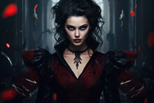 Fashion Portrait Of Gothic Vampire Queen With Beautiful Dark Makeup. Generative AI