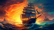 Ship sailing sea at sunset, generative ai