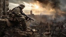 Epic Back View Of WW2 Soldier On Battlefield In Destroyed Eurpoean Town. World War II. Generative AI