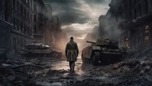 Epic Back View Of WW2 Soldier On Battlefield In Destroyed Eurpoean Town. World War II. Generative AI