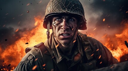 Epic dramatic portrait of WW2 soldier on battlefield. World War II. Generative AI