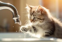 Cat Drinks Water From The Kitchen Faucet. The Benefits Of Water. Pet Health. Cute, Fluffy And Funny Kitten. Healthy Food, Diet For Pets. No People. Light Modern Interior, White Kitchen. Ai Generative