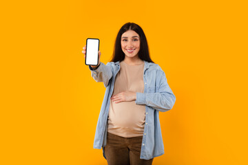 Smiling young pregnant lady embracing belly and showing blank cellphone, demonstrating phone with white screen, mockup