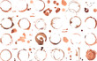 Isolated coffee tea stains on table surface. Cacao or cola drink circle stain, dirty abstract rings and drops. Grunge decorative neoteric vector elements