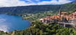 Most scenic lakes of Italy - volcanic Lago di Nemi , aerial drone view of Nemi village and volcano crater. popular touristic site near Rome