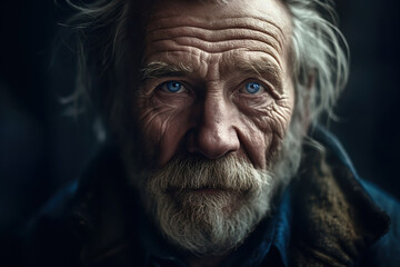 Close-up portrait of old homeless man with blue eyes. Generative AI