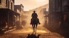 Back View Of Cowboy Riding On A Horse, Western Movie Scene In Wild West Town. Generative AI