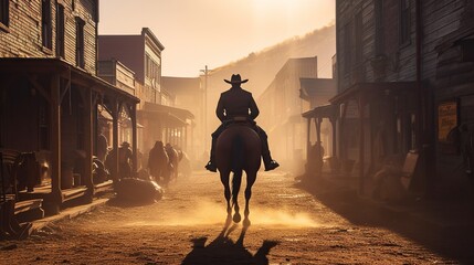 back view of cowboy riding on a horse, western movie scene in wild west town. generative ai