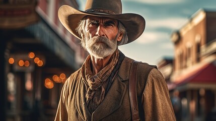 Wall Mural - Portrait of cowboy, western movie scene in wild west town. Generative AI