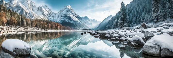 a pristine turquoise lake nestled amidst towering snow-capped mountains, reflecting the breathtaking