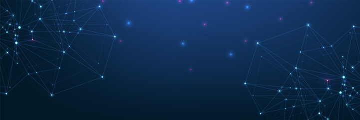 Vector connections of lines and dots. Technology banner template. Graphic abstract background communication. Minimal array with compounds lines and dots. Digital data visualization