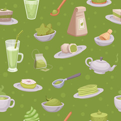 Poster - matcha pattern. seamless background from traditional green matcha healthy products exact vector temp