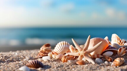 Wall Mural - Tropical beach with sea star and seashells on sand , summer background. Conch shell on beach with waves. Copy space. Ai generative