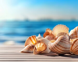 Wall Mural - Tropical beach with seashells stack  on sand , summer background. Conch shell on beach with waves. Copy space. Ai generative