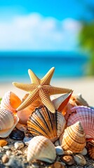 Wall Mural - Tropical beach with sea star and seashells on sand , summer background. Conch shell on beach with waves. Copy space. Ai generative