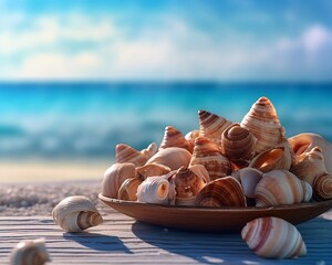 Wall Mural - Tropical beach with seashells in bowl on sand , summer background. Conch shell on beach with waves. Copy space. Ai generative