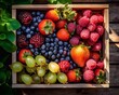 Fresh ripe fruits and berries in wooden box on garden background. Harvest with ai generation