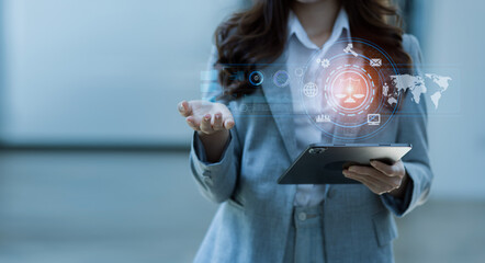 Concepts of Law and Legal services. Lawyer working with law interface icons. Blurred background, online lawyer advice.
