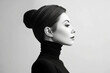 Elegant model with black turtleneck sweater on white background. Generative AI