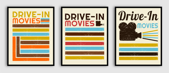 Wall Mural - Vintage retro drive-in movies grunge nostalgic design set