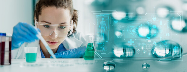 Wall Mural - Double exposure of healthcare And Medicine concept. Doctor using modern virtual screen interface icons, 