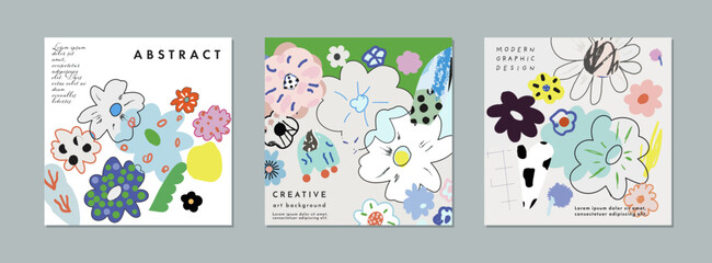 Wall Mural - Collection of creative universal floral  artistic cards. Hand Drawn textures. . Vector