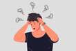 Itchy head. Nervous man scratching scalp of hands, dandruff in messed hair or clothing, worry guy with dry itching skin dermatitis infestation psoriasis problem vector illustration