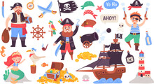 Pirate Adventure Collection. Doodle Pirates Cute Sticker, Marine Set Kid Piracy Ship Decor Child Piratin Theme, Sea Treasure Mermaid Ocean Sailing, Ingenious Vector Illustration