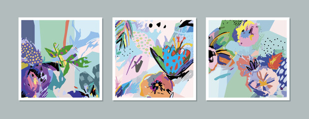 Wall Mural - Collection of creative universal floral  artistic cards. Hand Drawn textures. . Vector