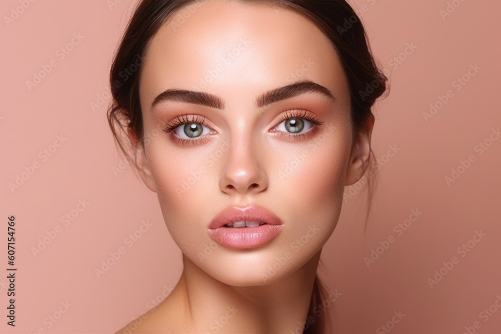 Beautiful woman face with beautiful eyes and lips, beauty services concept on soft pink background, ai generative