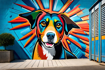 A lively and colorful street art mural featuring a dog as the central subject