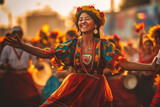 Fototapeta  - A woman in a colorful dress is dancing. Generative AI. Fiesta de la Tirana in Tarapaca, Chile.
