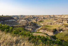 View Of Horseshoe Canyon In Drumheller Alberta Canada With Clear Blue Skies