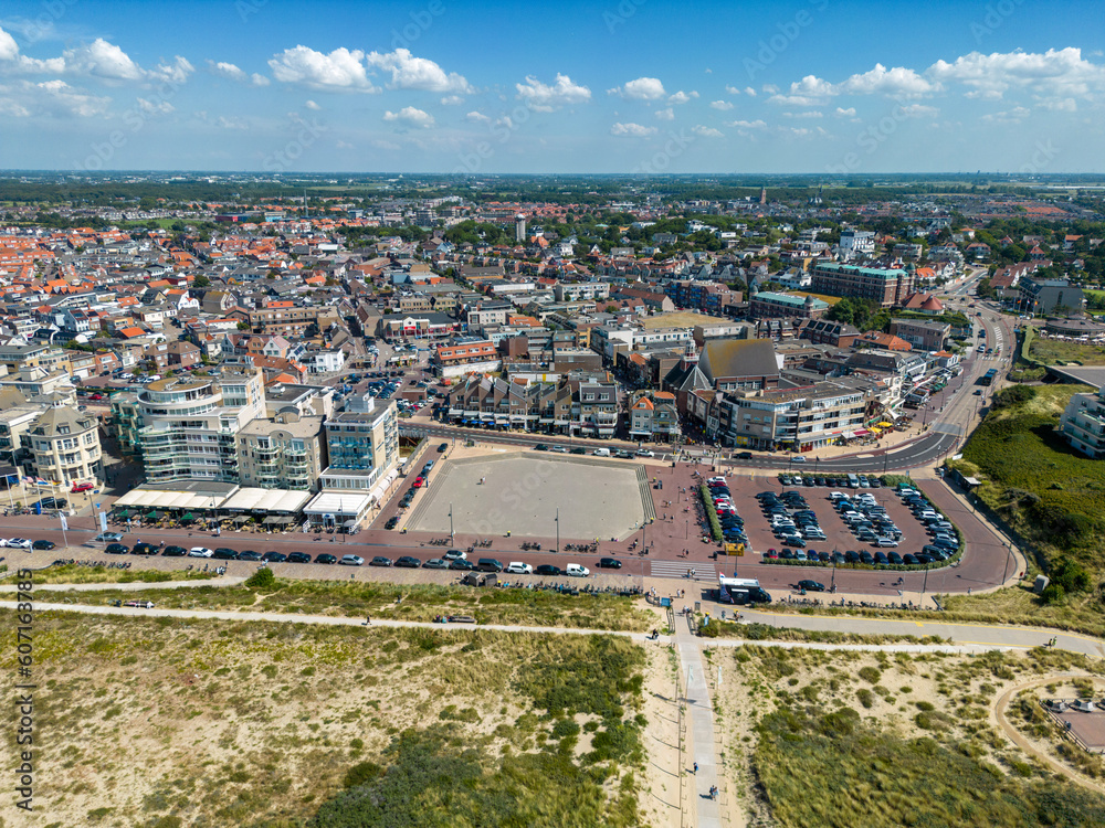 This aerial drone photo shows the boulevard and coastline of Noordwijk ...