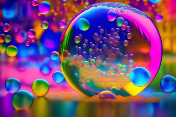 Wall Mural - A mesmerizing bubble reflecting a vivid and enchanting world, filled with a spectrum of colors that evoke a sense of wonder and magic - generative ai