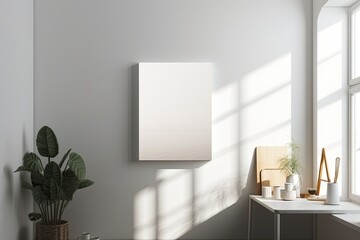 Canvas Print - blank poster mockup with window and sunlight shadows on a white wall,. Generative AI