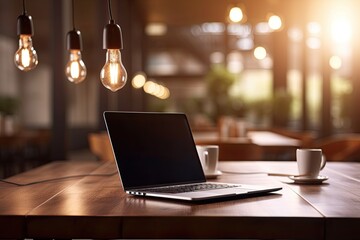 Wall Mural - Blank laptop or notebook screen on a hardwood table in a contemporary cafe restaurant with bokeh lighting and light bulbs. Generative AI