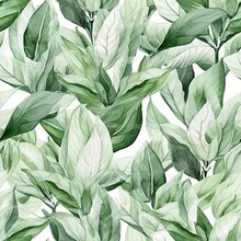 Pattern Of Fresh Green Leaves On Whie Background. Watercolor Botanical Illustration. Nature. Green Colors. Design For Packaging, Fabric, Wallpapers, Posters. Seamless Floral Pattern. Ai Generative