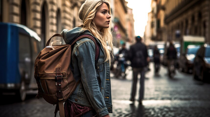 A woman with a backpack walking down a street. Generative AI. Backpacker tourist,