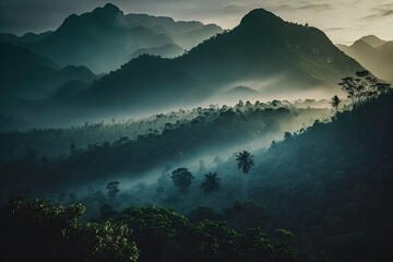 Poster - mountains in the early mist Amazing nature scenery form Kerala Gods own Country Tourism and travel concept image, fresh and serene nature picture. Generative AI