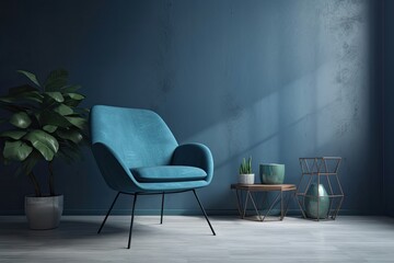 Wall Mural - Blue studio with a creative interior design and a chair. minimal use of color. Generative AI