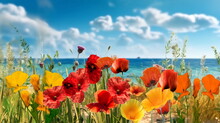 Beach  Sand Wild Flowers Poppy Flowers,blue Sky On Horizon Sea Water ,nature Landscape,generated Ai