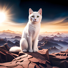 White cat on the background of a mountain landscape. AI generated.