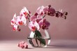 beautiful arrangement of flowers. Pink orchid bouquet in vase on table. Pink blossom of the phalaenopsis orchid against a light pink backdrop. Valentine's Day, Happy Women's Day, and Generative AI