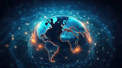 View from space on planet Earth with glowing connection lines around it. Global networking and futuristic technology development. Created with Generative AI