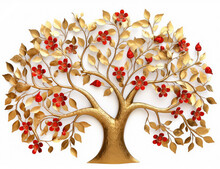 Elegant Gold Tree With Red Flowers On White Background.  3D Wallpaper Style, Abstract Illustration Created With Generative AI Technology. 