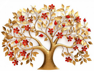 Elegant gold tree with red flowers on white background.  3D wallpaper style, abstract illustration created with Generative AI technology. 