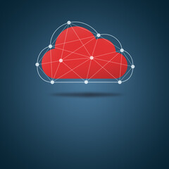 Poster - Floating red cloud above blue background with mesh polygon wireframe. Cloud computing, networking, communication and technology concept illustration with copy space.