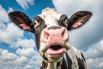 Poster - Mature cow in front of a blue sky, with a black and white shocked expression and a pink nose. Generative AI